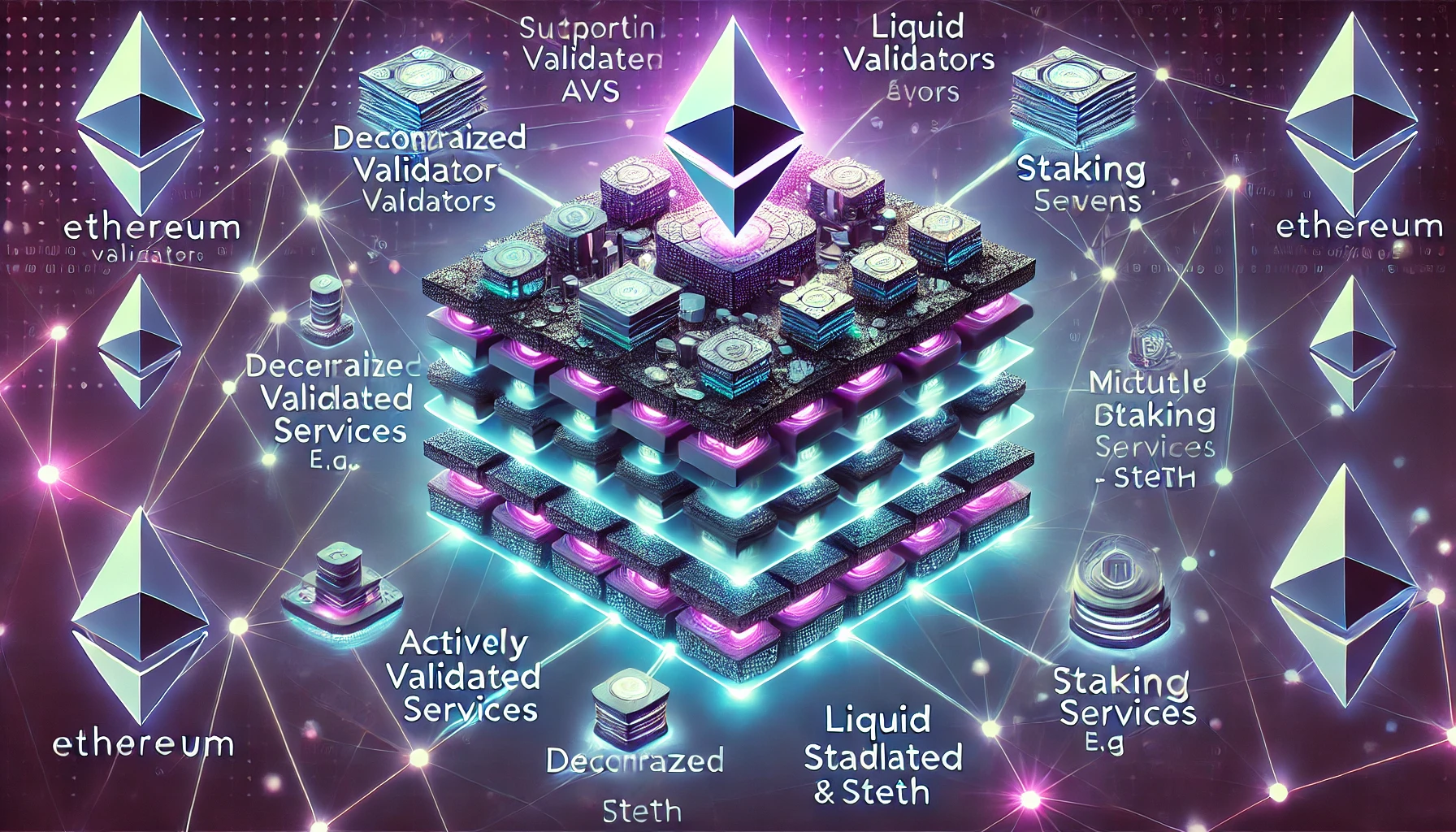 A-detailed-illustration-of-EigenLayer-ecosystem-on-the-Ethereum-blockchain.-Show-layers-of-interconnected-blocks-and-nodes-representing-Ethereum-valid